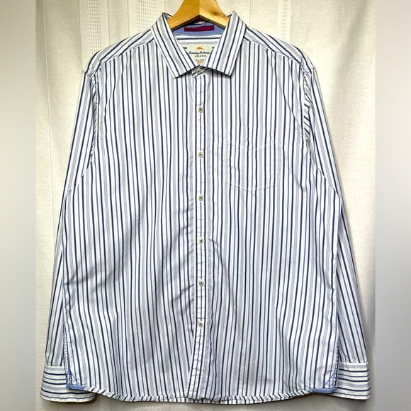 Tommy Bahama Striped White/Blue Long Sleeve Button-Down Island Modern Fit Size L - Picture 1 of 7